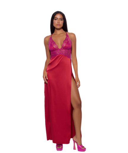 VESTIDO LARGO DE SATÉN Y ENCAJE CON ABERTURA ALTA